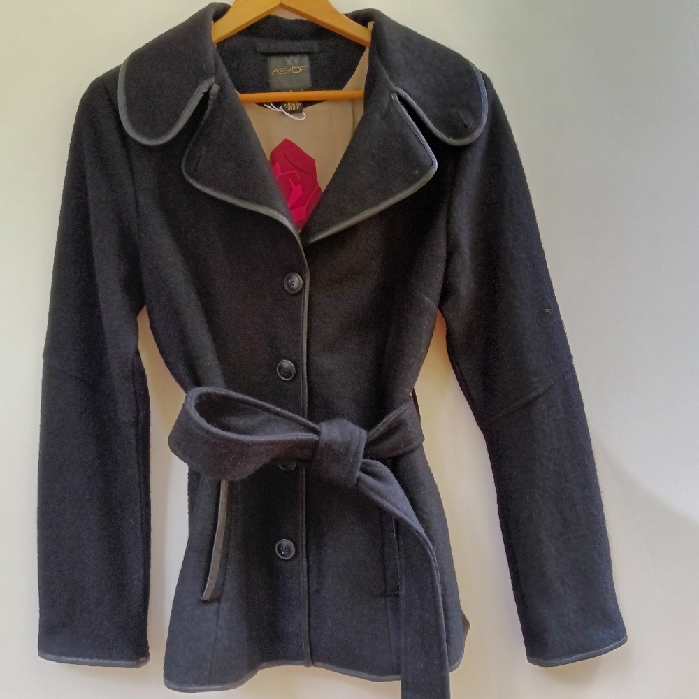 Wool AS by DF Women's Black Wool Blend Belted Jacket w/ Leather Trim